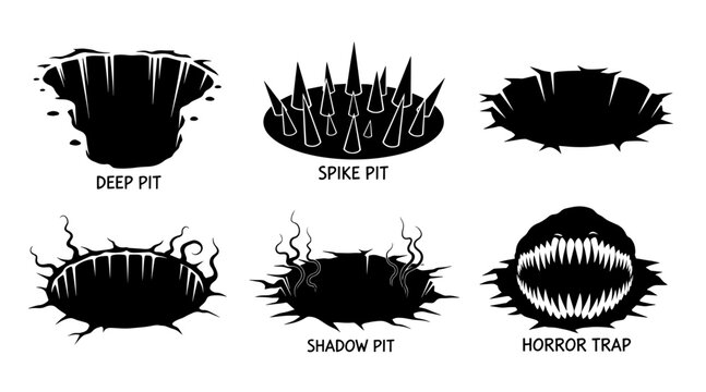 six halloween danger pit icons with spiky traps and shadowy hazards vector illustration