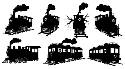 halloween vintage steam train collection in spooky silhouette against moonlit sky © MDSHOFIULAZAM
