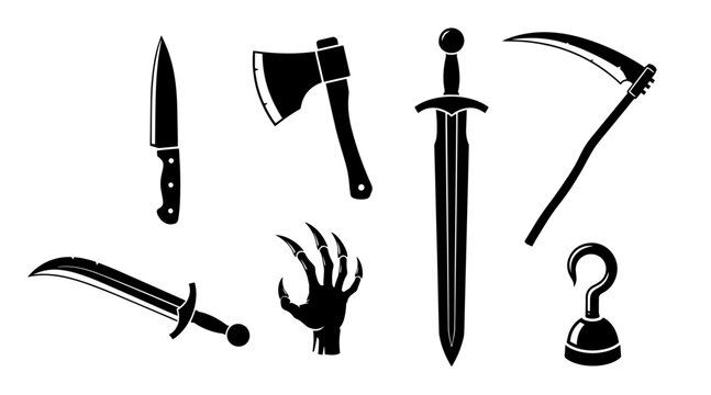 set of six black halloween weapon icons on white background for spooky celebration design