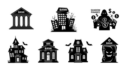 Fototapeta premium Halloween Bank & Shadow Finance Icons: Spooky Buildings, Haunted Houses, and Financial Crime Silhouettes