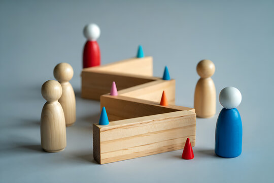 Wooden figures around a zigzag ramp with colorful cones colorful childhood learning development education strategy obstacle challenge progress movement direction decision collaboration