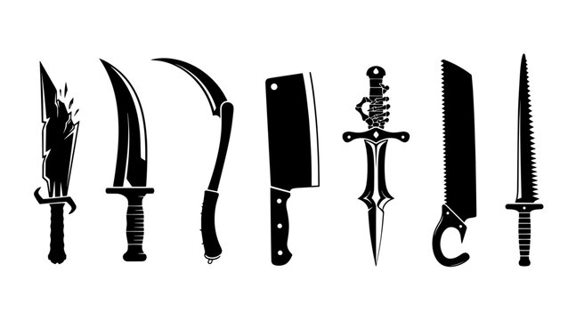 Collection of Silhouetted Halloween Weapons and Blades on White Background