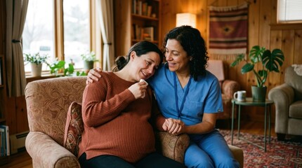 Obraz premium A pregnant woman and a nurse sitting in a cozy, wooden-furnished room with a window and potted plants, with a cup of coffee on a table.