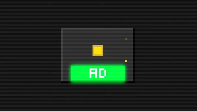 Pixel art animation, A digital graphic featuring a small yellow square above a bright green button labeled 'AD' on a dark, textured background with subtle pixelation.