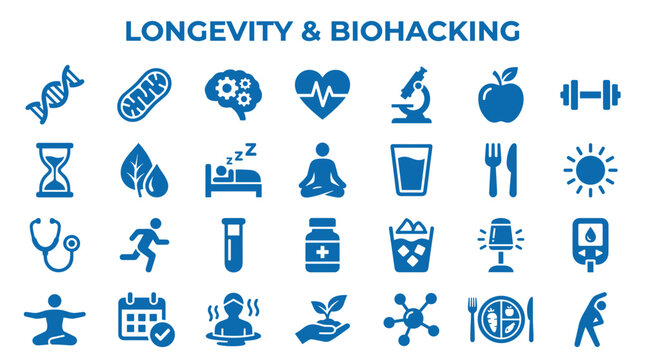 Longevity and biohacking icons representing health and wellness lifestyle concepts like dna healthy food exercise sleep and science innovation