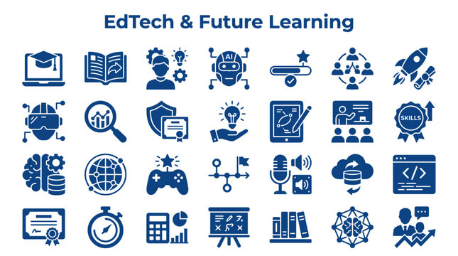 EdTech and Future Learning Icons: Digital Education, Innovation, Online Courses, Technology, and Global Connectivity for Modern Education