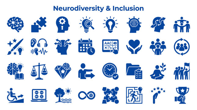Neurodiversity and Inclusion Icons representing diverse thinking, learning, communication, and accessibility in the workplace and society