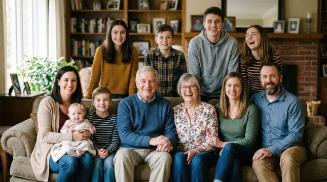A family portrait of a large extended family with multiple generations, including grandparents, parents, children, and grandchildren, sitting on a couch in a cozy living room with a wooden bookshelf.