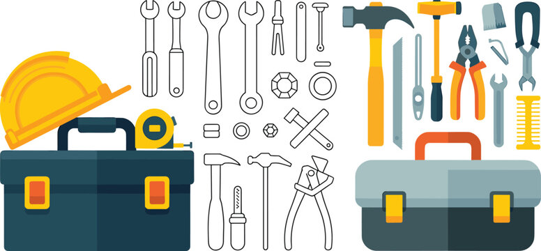 Toolbox with Various Tools Including Hammer, Wrench, Pliers, and Measuring Tape for Construction, Repair, and DIY Project