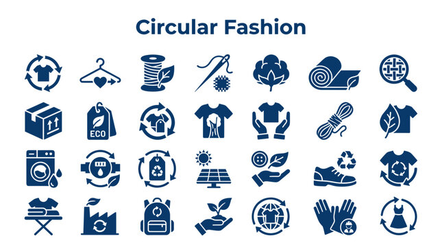 Circular fashion icons set representing sustainable clothing industry and eco friendly textile production processes