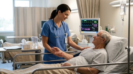 Obraz premium A nurse and patient in a hospital room with a monitor showing vital signs.