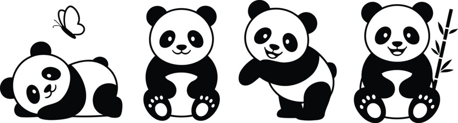 Cute giant panda bear vector set with little pandas in different poses playing with butterfly sitting and eating bamboo stalks © Sumaiya