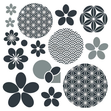 Japanese traditional seamless patterns set with various geometric designs and floral motifs in shades of grey and white.