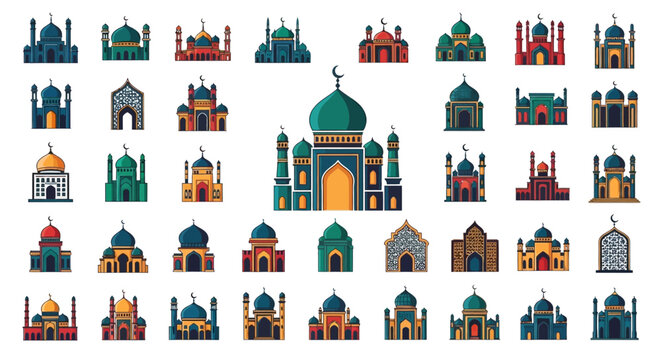 Colorful mosque icons in various styles.