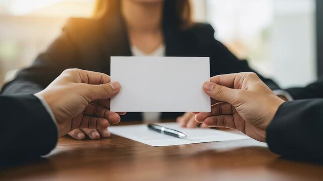 Man and woman exchanging blank business card at office desk. Corporate communication and professional networking. Meeting between business partner, career exchange.