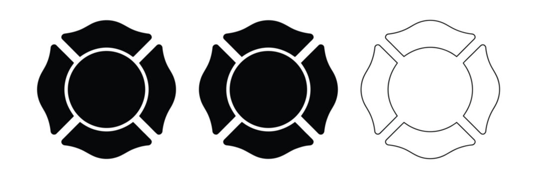 Firefighter Maltese Cross Emblem Icons in Vector Style, Fire Department Badge and Rescue Symbols for Safety and Emergency Design