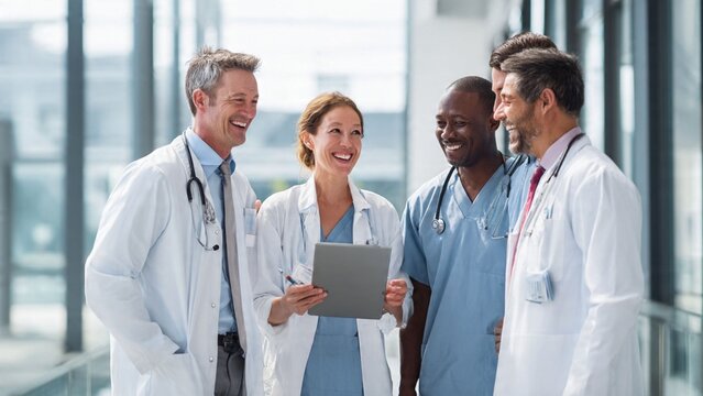 A multidisciplinary healthcare team collaborating together, including a doctor, dentist, a nurse and a pharmacist