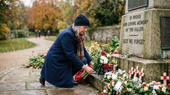 A woman in a blue coat and black hat, kneeling by a stone monument with the inscription 'In proud and loving memory of the fallen. Lest we forget.'