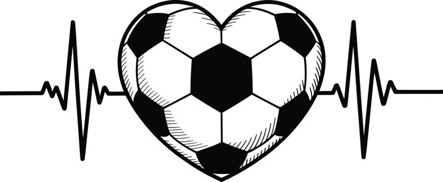 Soccer ball in heart shape with ECG line illustration