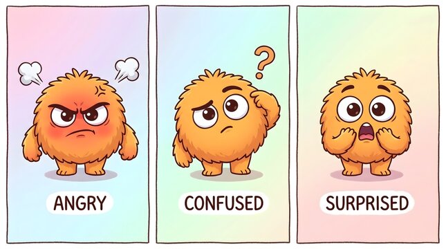 Cute Cartoon Fuzzy Monster Character Expressing Angry, Confused, and Surprised Emotions in a Comic Panel Illustration
