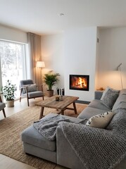 Naklejka premium Cozy Modern Living Room with Fireplace and Snowy Winter View, Scandinavian Interior Design for Home Comfort and Relaxation