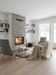 Obraz premium Cozy Modern Living Room with Stone Fireplace, Comfortable Armchairs, and Snowy Winter View