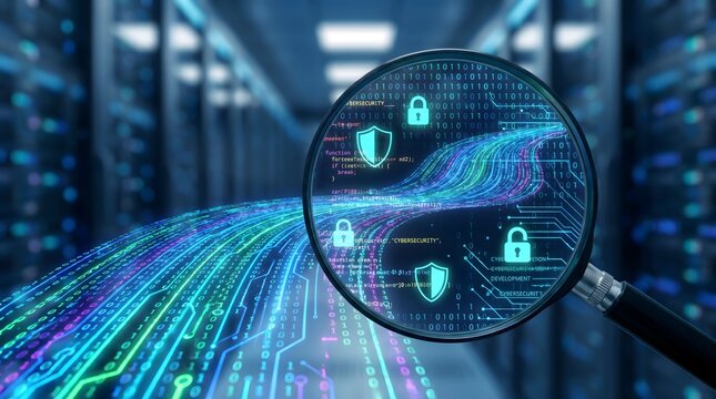 Cybersecurity Data Protection and Network Security Analysis with Magnifying Glass over Digital Stream in Server Room