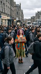 Obraz premium Young Woman with Purple Hair Holding a 'Be Different' Sign in a Busy City Street Crowd, Expressing Individuality and Self-Acceptance