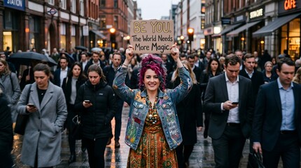 Naklejka premium Vibrant Woman with Colorful Hair Holding 'Be You' Sign, Standing Out in a Busy Urban Commuter Crowd