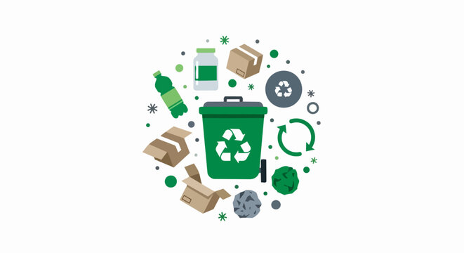 Green Recycling Bin with Sorting Icons and Sustainable Environment Concept Vector Illustration