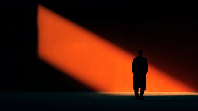 A person stands still in shadows with a beam of light shining in an empty space at dark hour