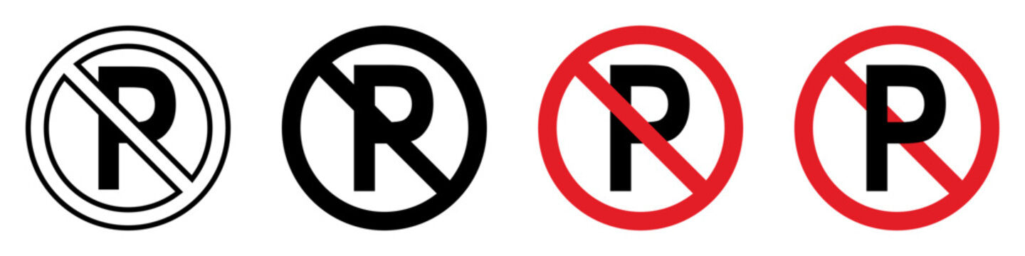 No Parking icon set. No parking sign variations in black and red designs on a white background. 