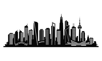 Obraz premium Modern city skyline silhouette with skyscrapers towers and urban architecture representing metropolitan landscape and downtown cityscape design