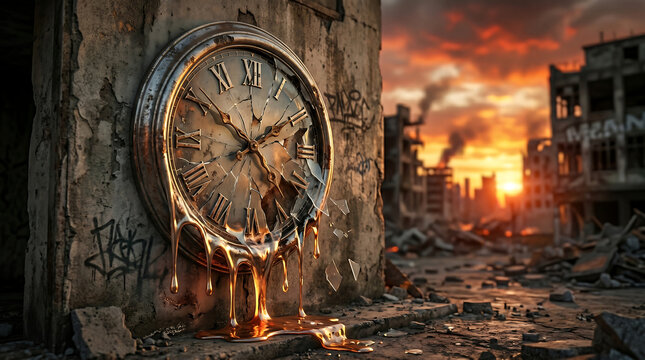 surreal melting clock on ruined wall in post apocalyptic city at sunset with crumbling buildings and debris representing the end of time and environmental destruction