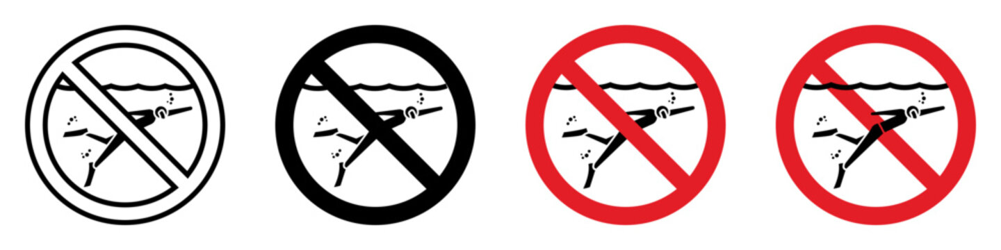 No Snorkeling icon set. Set of four no diving signs in different styles. Vector illustration on a white background.