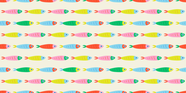 Colorful fish animal seamless pattern. Summer background design. Vacation travel concept. Fishing activity flat cartoon backdrop illustration.