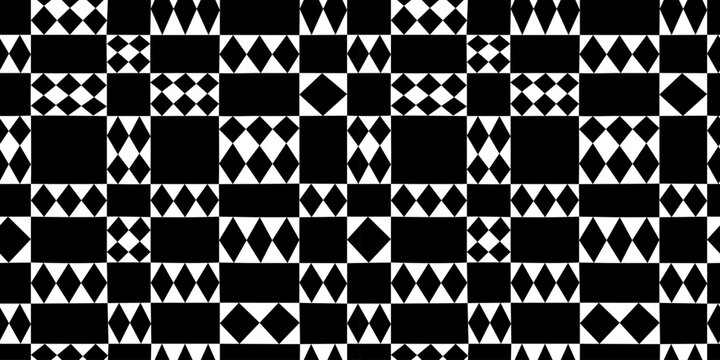 Black and white geometric mosaic seamless pattern. Vintage rhombus patchwork background illustration. Creative diamond shape wallpaper print.