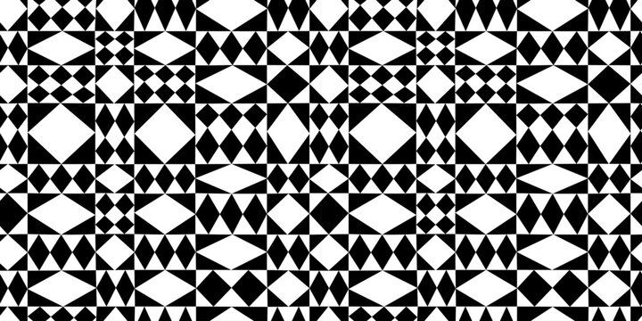 Black and white geometric mosaic seamless pattern. Vintage rhombus patchwork background illustration. Creative diamond shape wallpaper print.
