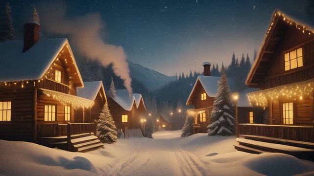 Enchanting winter night in a snow-covered village. Cozy wooden cabins illuminate with warm string lights amidst frosted pine trees, evoking a peaceful holiday atmosphere