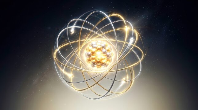 Abstract illustration of an atom, nucleus, electrons orbiting, science and technology.