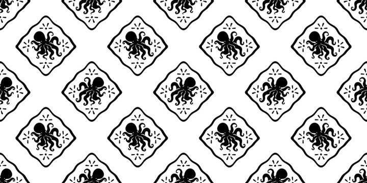 Octopus animal seamless pattern. Summer background drawing design. Beach vacation travel concept. Mosaic tile hand drawn backdrop illustration.