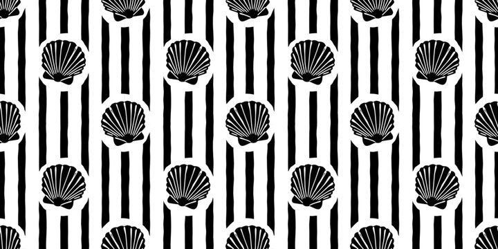 Tropical beach sea shell seamless pattern. Summer marine animal background design. Vacation travel concept. Ocean seashell flat cartoon backdrop illustration.