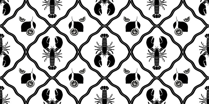 Vintage lobster seamless pattern. Italian sea food background illustration in hand drawn style. Retro mediterranean beach surface print design, summer vacation texture.