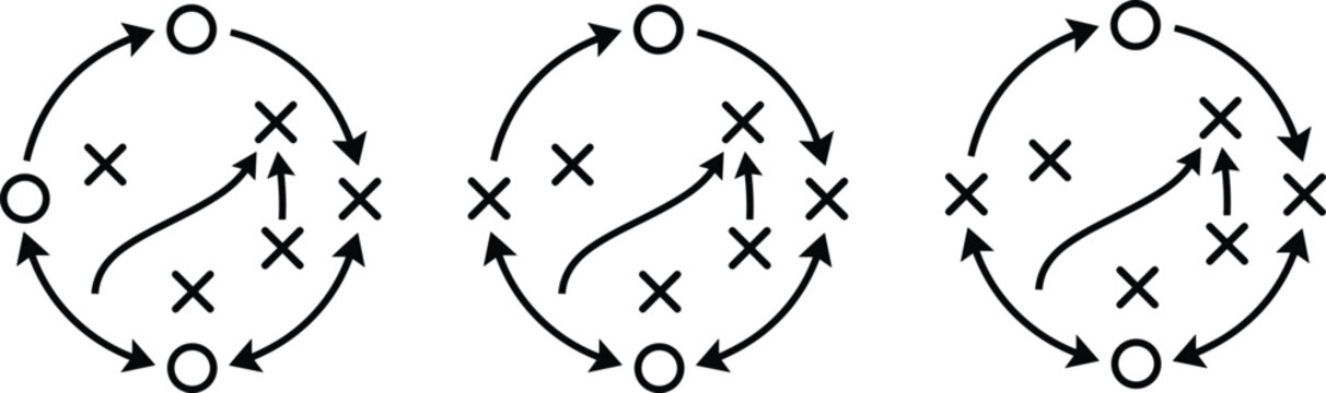 Abstract strategy planning diagram with circular arrows and x o symbols representing tactical game play business process flow minimal black white vector illustration infographic