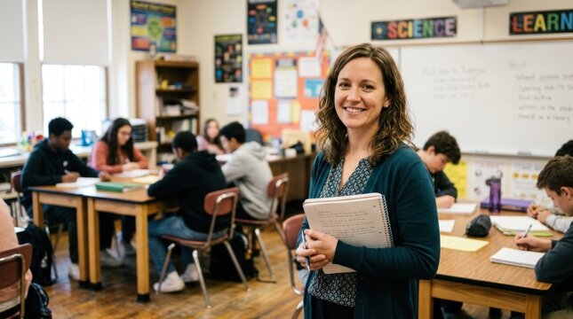 A teacher standing in a classroom with students in the background.