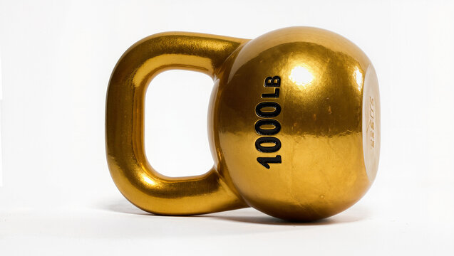 Close up a big golden kettlebell 1000 Lb. is static side postion on the white blackground , isolate.