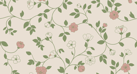 Seamless Vintage Floral Pattern with Pink Blossoms and Green Vines, Elegant Botanical Wallpaper on Light Beige Background © LESTARI