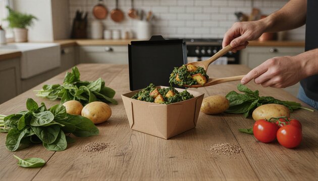 Couple serving fresh saag aloo in a cozy kitchen