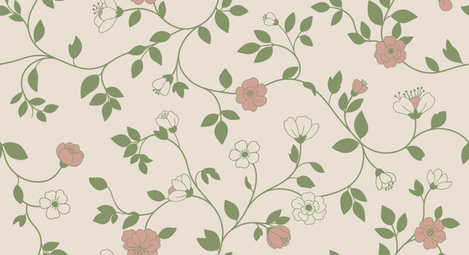 Seamless Vintage Floral Pattern with Pink Blossoms and Green Vines, Elegant Botanical Wallpaper on Light Beige Background