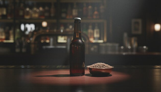 Dark amber beer bottle on a polished mahogany bar in a moody gastropub
